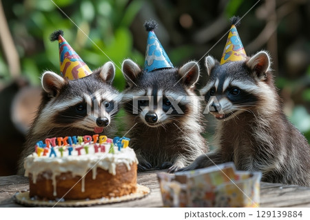 Three raccoons are sitting on a table with a birthday cake in front of them 129139884
