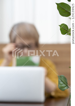 Elderly people looking at a computer in the living room, worrying about their senior women's lifestyle, dementia Elderly people looking at a computer in the living room, worrying about their senior women's lifestyle, dementia 129139925