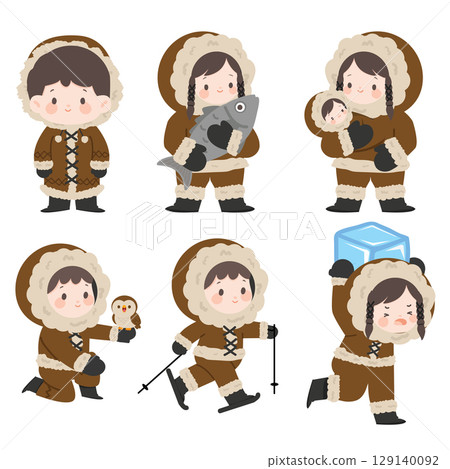 Cartoon Eskimo Character Illustrations set 129140092