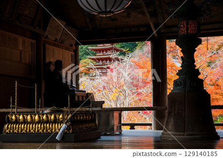Buddha statue of Hasedera temple hall by pagoda in autumn, Nara Buddha statue of Hasedera temple hall by pagoda in autumn, Nara 129140185