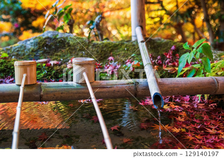 fountain and hand washer on water basin in fall, Bishamondo, Kyoto fountain and hand washer on water basin in fall, Bishamondo, Kyoto 129140197