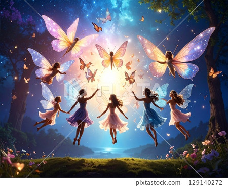 一隻張開翅膀、振翅的蝴蝶的背景 129140272
