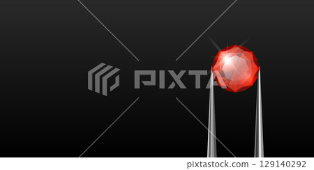 Vector Horizontal Banner with 3d Realistic Red Diamond in Tweezers on Black Background. Realistic Glossy Diamond and Precise Cut Vector Illustration. Jewelry Design, Luxury Branding 129140292