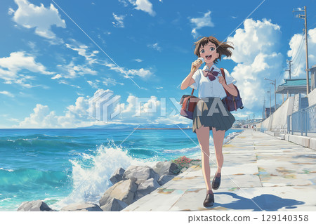 Anime-style illustration of a high school girl walking on the beach in summer | A refreshing moment of youth with blue skies and splashing waves 129140358