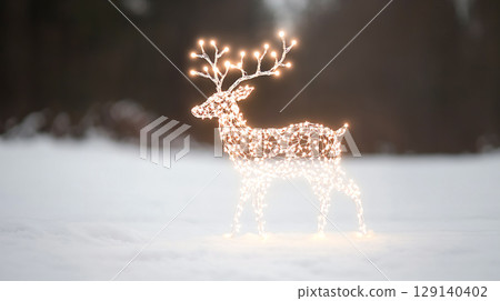 sparkling reindeer statue adorned with twinkling lights stands gracefully against blurred background of soft bokeh winter magic Christmas New Year vibe 129140402