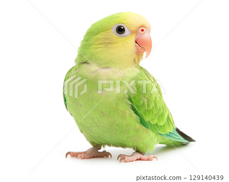vibrant green parrot with yellow head and blue accents, showcasing its playful nature and charm. This bird stands on white background, highlighting its colorful feathers and expressive eyes 129140439