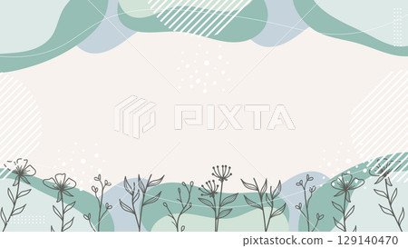 Pastel green watercolor background with hand drawn floral and plant line art. 129140470