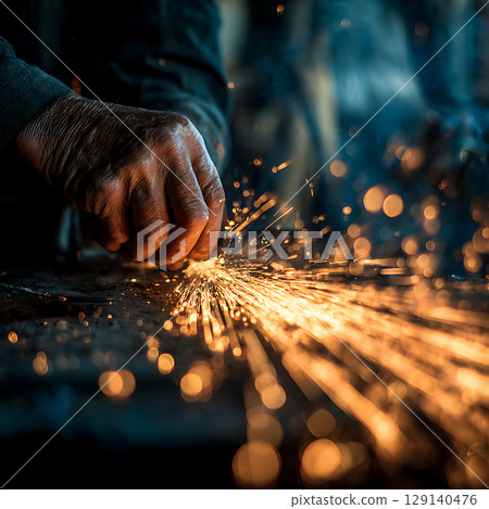 工匠在金屬上工作時火花四濺的那一刻 129140476