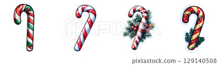 Festive candy canes in various designs, showcasing classic red and white stripes, holiday decorations, and vibrant colors. Perfect for adding cheerful touch to Christmas celebrations Festive candy canes in various designs, showcasing classic red and white stripes, holiday decorations, and vibrant colors. Perfect for adding cheerful touch to Christmas celebrations 129140508