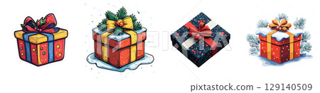 Festive and colorful Christmas gift boxes adorned with ribbons and bows, surrounded by snowflakes, evoke joyful holiday spirit. Perfect for seasonal decorations and celebrations 129140509