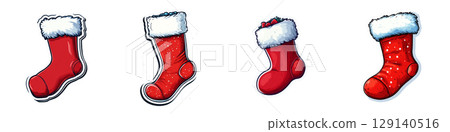 Festive red Christmas stockings with white fur trim, perfect for holiday decorations. These cheerful stockings add joyful touch to any Christmas setting 129140516
