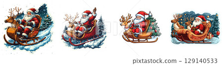 Festive Santa Claus illustrations featuring jolly Santa riding sleigh with reindeer through snowy landscapes, spreading holiday cheer and joy. Perfect for Christmas themes 129140533