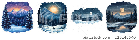 serene winter landscape featuring majestic mountains, snow covered trees, and tranquil moonlit scene. beauty of nature shines through snowy wilderness, evoking sense of peace and wonder serene winter landscape featuring majestic mountains, snow covered trees, and tranquil moonlit scene. beauty of nature shines through snowy wilderness, evoking sense of peace and wonder 129140540