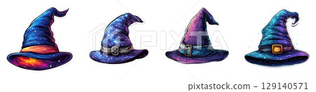 Magical wizard hats in various colors and designs, featuring starry patterns and unique buckles, perfect for Halloween or fantasy themes 129140571