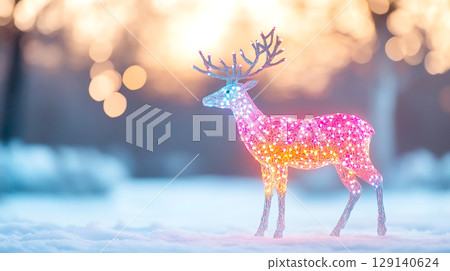 sparkling reindeer statue adorned with twinkling lights stands gracefully against blurred background of soft bokeh winter magic Christmas New Year vibe 129140624