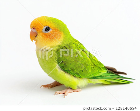 vibrant green parrot with orange face and soft feathers, showcasing its playful nature. This charming bird stands on white background, highlighting its colorful plumage vibrant green parrot with orange face and soft feathers, showcasing its playful nature. This charming bird stands on white background, highlighting its colorful plumage 129140654