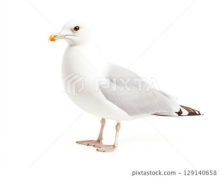 seagull stands gracefully on white background, showcasing its elegant features and soft gray feathers. This bird is often associated with coastal environments and is known for its adaptability seagull stands gracefully on white background, showcasing its elegant features and soft gray feathers. This bird is often associated with coastal environments and is known for its adaptability 129140658