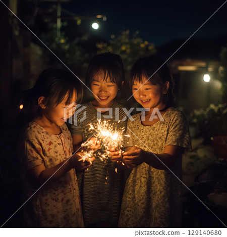 A warm summer scene with smiling children and hand-held fireworks 129140680