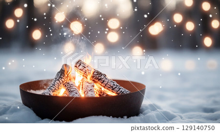 cozy fire pit surrounded by snow, creating warm atmosphere with glowing embers and falling snowflakes. Perfect for winter gatherings 129140750