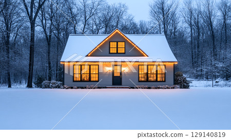 cozy winter cabin glowing with warm lights, surrounded by snow covered trees, creating serene and inviting atmosphere 129140819