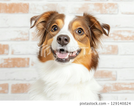 happy shepherd dog with bright smile against brick wall background. This friendly canine exudes joy and warmth, making it perfect companion 129140824