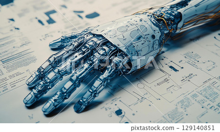 detailed close up of robotic hand showcasing intricate mechanical joints and components, set against blueprint background highlights advanced technology and engineering artificial intelligence 129140851