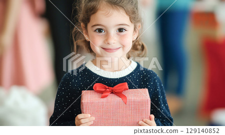 joyful girl holding gift during Christmas celebrations with family gathering together. festive holiday seasonal Christmas New Year atmosphere is enhanced by decorated tree and smiling faces 129140852