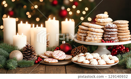 Delightful holiday scene featuring table adorned with cookies, candles, and pine cones, creating warm and festive atmosphere 129140932