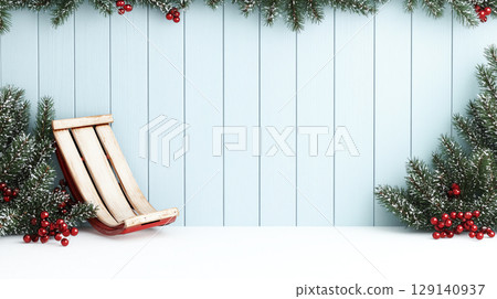 Wooden sled leaning against snow covered fence, surrounded by festive greenery and red berries, creating cozy winter atmosphere Wooden sled leaning against snow covered fence, surrounded by festive greenery and red berries, creating cozy winter atmosphere 129140937