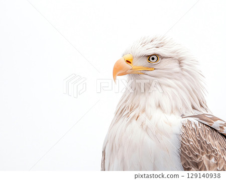 Majestic eagle with striking features and sharp gaze against white background, showcasing its powerful presence and beauty Majestic eagle with striking features and sharp gaze against white background, showcasing its powerful presence and beauty 129140938