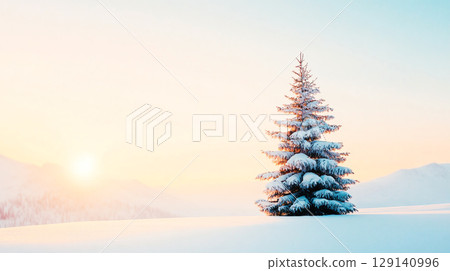 snow covered Christmas tree stands alone in serene winter landscape, bathed in soft sunlight. tranquil scene evokes sense of peace and beauty in nature 129140996