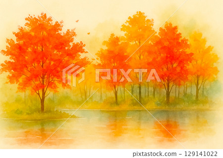 Vivid autumn foliage forest and lake surface (watercolor illustration) 129141022