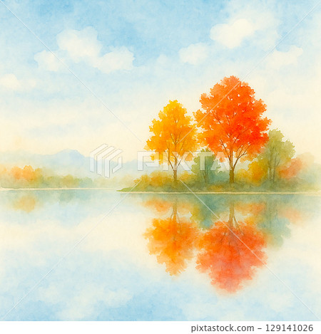 Lakeside landscape with blue sky and autumn leaves (watercolor) 129141026