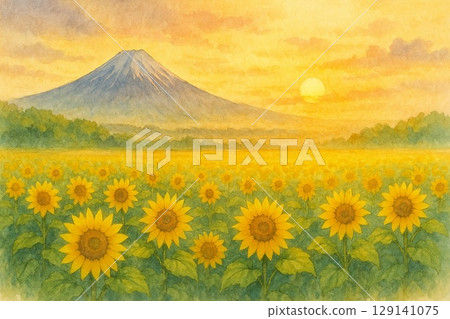 日落時分的富士山與向日葵田 129141075