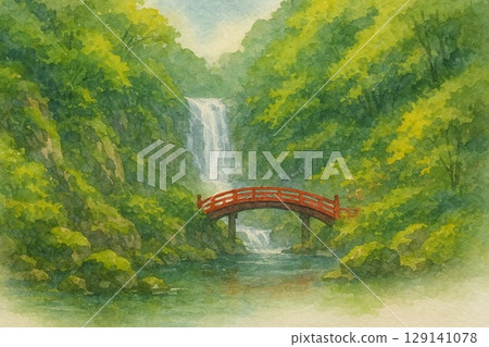 瀑布和戈爾的紅色木橋 129141078