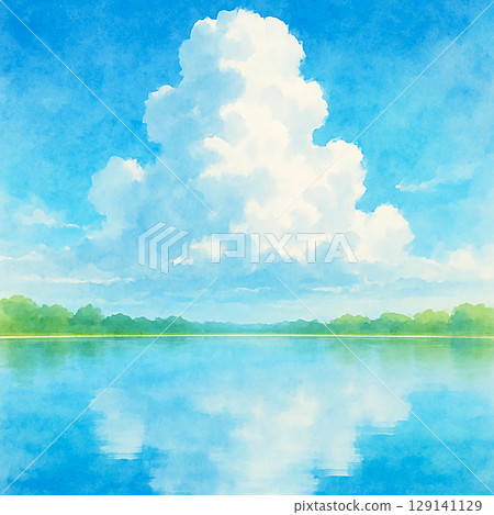 Summer landscape of a large cumulonimbus cloud and lake (watercolor) 129141129