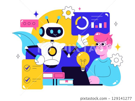Machine Learning Vector Illustration featuring Artificial Intelligence Jobs, Scientists Working with Big Data and Technology Engineers in a Background Machine Learning Vector Illustration featuring Artificial Intelligence Jobs, Scientists Working with Big Data and Technology Engineers in a Background 129141277