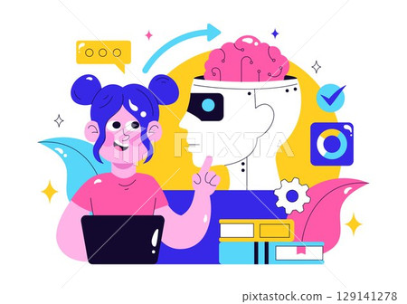 Machine Learning Vector Illustration featuring Artificial Intelligence Jobs, Scientists Working with Big Data and Technology Engineers in a Background 129141278