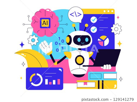 Machine Learning Vector Illustration featuring Artificial Intelligence Jobs, Scientists Working with Big Data and Technology Engineers in a Background Machine Learning Vector Illustration featuring Artificial Intelligence Jobs, Scientists Working with Big Data and Technology Engineers in a Background 129141279