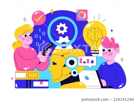 Machine Learning Vector Illustration featuring Artificial Intelligence Jobs, Scientists Working with Big Data and Technology Engineers in a Background Machine Learning Vector Illustration featuring Artificial Intelligence Jobs, Scientists Working with Big Data and Technology Engineers in a Background 129141284