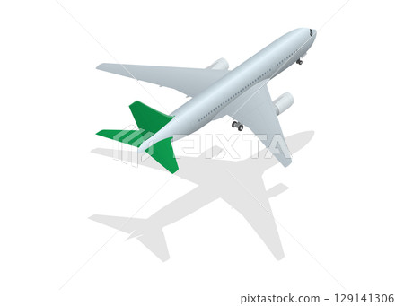 Isometric white airplane with green tail fins, casting a shadow on a white background. 129141306