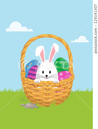 Easter bunny looking out from behind a basket stock illustration Easter bunny looking out from behind a basket stock illustration 129141307