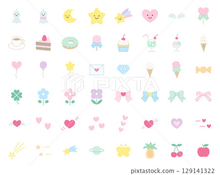 Vector illustration of a cute icon set. Ornaments, hearts, sweets, stars, ribbons Vector illustration of a cute icon set. Ornaments, hearts, sweets, stars, ribbons 129141322