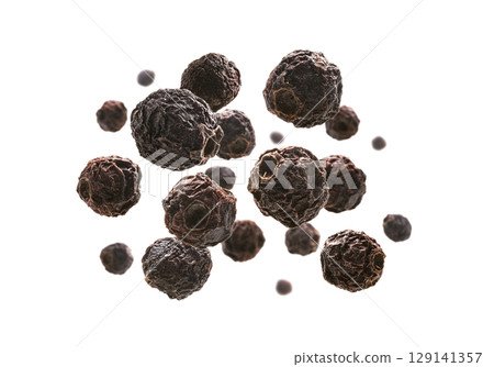Dried hawthorn berries levitate on a white background 129141357