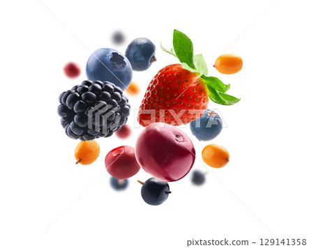 Many different berries in the form of a frame on a white background 129141358