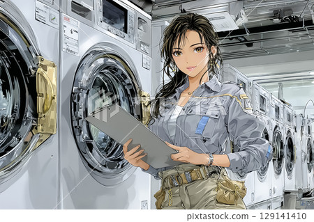 一位女士在自助洗衣店維護洗衣機 129141410