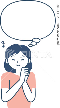 The upper body and speech bubble of a young woman imagining something fun The upper body and speech bubble of a young woman imagining something fun 129141483