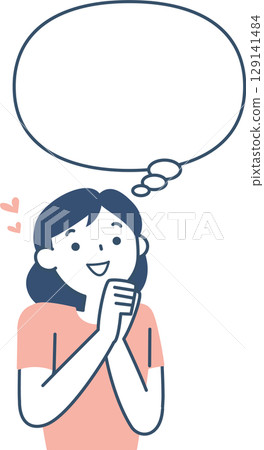 The upper body and speech bubble of a young woman imagining something fun 129141484