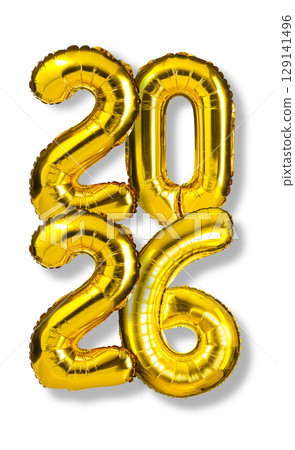 Golden Foil Balloons Forming the Year 2026 on White Background Celebration and New Year 129141496