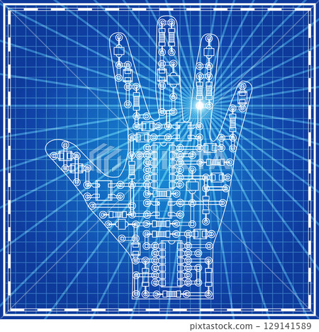 The electronic circuit in the form of hands on blue background. Vector illustration.  129141589